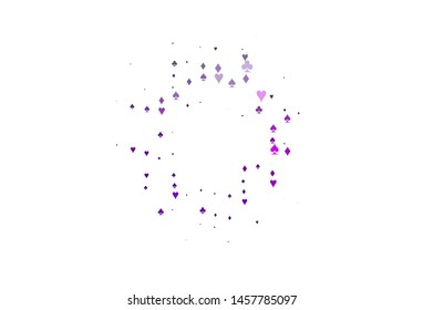 Light Purple vector cover with symbols of gamble. Colored illustration with hearts, spades, clubs, diamonds. Template for business cards of casinos.