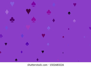 Light Purple vector cover with symbols of gamble. Colorful gradient with signs of hearts, spades, clubs, diamonds. Pattern for booklets, leaflets of gambling houses.