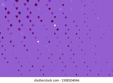 Light Purple vector cover with symbols of gamble. Colored illustration with hearts, spades, clubs, diamonds. Design for ad, poster, banner of gambling websites.