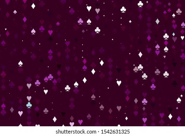 Light Purple vector cover with symbols of gamble. Shining illustration with hearts, spades, clubs, diamonds. Pattern for ads of parties, events in Vegas.