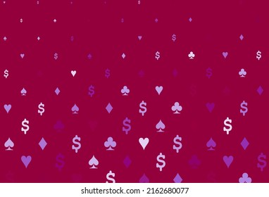 Light purple vector cover with symbols of gamble. Illustration with set of hearts, spades, clubs, diamonds. Pattern for ads of parties, events in Vegas.