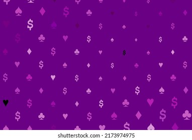 Funda vectorial púrpura clara con símbolos de juego. Ilustración con un conjunto de corazones, espadas, palos, diamantes. Patrón de folletos, volantes de casas de juego.