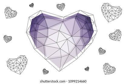 Light Purple vector greeting Card Happy Valentine's Day. Lettering with hearts on the white polygonal background. Colored triangular illustration for your business.