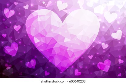 Light purple vector greeting Card Happy Valentine's Day. Lettering with hearts on the white polygonal background. Colored triangular illustration for your business.