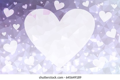 Light Purple vector greeting Card Happy Valentine's Day. Lettering with hearts on the white polygonal background. Colored triangular illustration for your business.