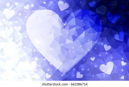 Light Purple vector greeting Card Happy Valentine's Day. Lettering with hearts on the white polygonal background. Colored triangular illustration for your business.
