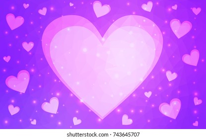 Light Purple vector greeting Card Happy Valentine's Day. Lettering with hearts on the white polygonal background. Colored triangular illustration for your business.