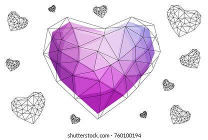 Light Purple vector greeting Card Happy Valentine's Day. Lettering with hearts on the white polygonal background. Colored triangular illustration for your business.