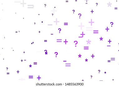 Light Purple vector layout with algebra elements. Abstract illustration with colored algebra signs. Best design a poster, banner of a math college.