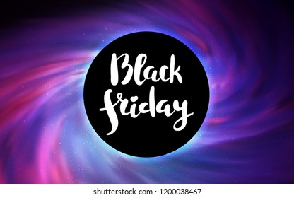 Light Purple vector layout with a black hole, universe. Colorful black hole with shining night sky stars. Backdrop for ads, leaflets of Black Friday.