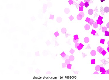 Diseño vectorial púrpura claro con círculos, líneas, rectángulos. Decoración de estilo abstracto con líneas, puntos, cubos. Plantilla para fondos de pantalla.