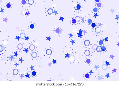 Light Purple vector layout with stars, suns. Modern geometrical abstract illustration with stars, suns. Template for cosmic backgrounds.
