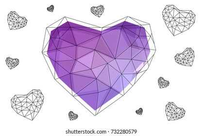 Light Purple vector love background with heart. Paper note. Valentine's greeting polygonal card. Triangular illustration for your business. Stock template for your design.