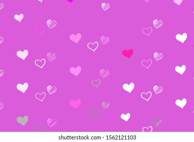 Light Purple vector pattern with colorful hearts. Blurred decorative design in doodle style with hearts. Pattern for carnival, festival romantic leaflets.