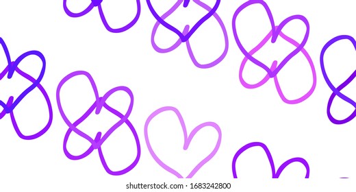 Light Purple vector pattern with colorful hearts. Blurred decorative design in doodle style with hearts. Template for Valentine's greeting postcards.