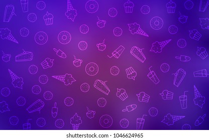 Light Purple vector pattern with delicious cookies. Blurred decorative design of desserts in doodle style. Design for ad, poster, banner of cafes or restaurants.