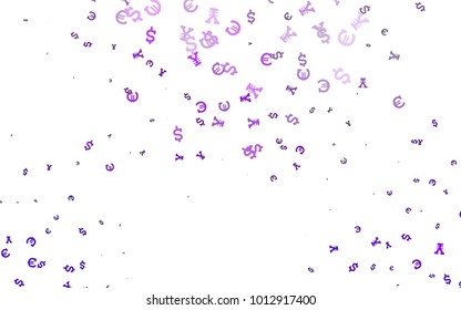 Light Purple vector pattern with Euro, Dollar, Yen. Colored symbols of all currency on white background. The pattern can be used for financial, investment websites.