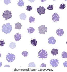 Light Purple vector seamless abstract backdrop with flowers, leaves. Doodle illustration of leaves and flowers in Origami style. Template for business cards, websites.