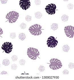 Light Purple vector seamless abstract backdrop with flowers, leaves. Doodle illustration of leaves and flowers in Origami style. Pattern for design of fabric, wallpapers.