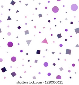 Light Purple vector seamless backdrop with lines, circles, rhombus. Glitter abstract illustration with spheres, squares, lines. Pattern for design of window blinds, curtains.