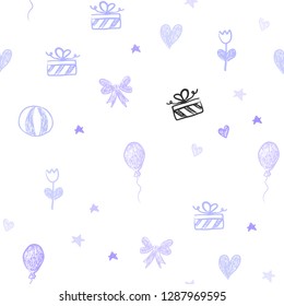 Light Purple vector seamless backdrop in holiday style. Colorful illustration with aheart, baloon, candy, gift, star, ribbon. Pattern for carnival, festival ads.