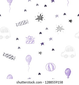 Light Purple vector seamless backdrop in holiday style. Shining illustration with a toy car, baloon, candy, star, ball. Pattern for new year ads.