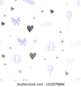 Light Purple vector seamless backdrop in holiday style. Design in xmas style with aheart, baloon, candy, gift, star, ribbon. Pattern for birthday gifts.