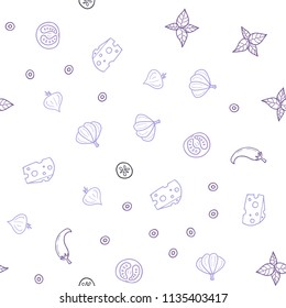 Light Purple vector seamless background with tasty food. Blurred decorative design of snacks in doodle style. Pattern for ads of breakfast, lunch, dinner.