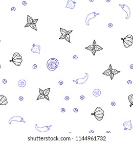 Light Purple vector seamless background with tasty food. Beautiful colored illustration with food in doodle style. Doodle design for your business advert of cafes.