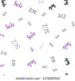 Light Purple vector seamless background with 50 % signs of sales. Colored words of sales with gradient on white background. Template for season sales, shopping ads.