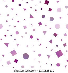 Light Purple vector seamless background with triangles, circles, cubes. Decorative design in abstract style with lines, dots, cubes. Pattern for trendy fabric, wallpapers.