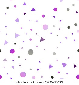 Light Purple vector seamless background with triangles, circles. Illustration with set of colorful circles, triangles. Pattern for trendy fabric, wallpapers.