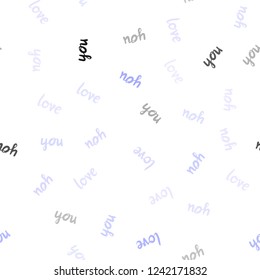 Light Purple vector seamless background with words of love. Decorative design in doodle style with text LOVE YOU. Texture for window blinds, curtains.