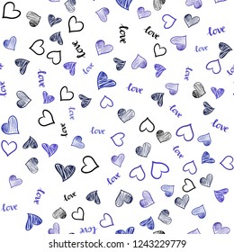 Light Purple vector seamless background with words of love, hearts. Illustration with words of love, hearts in abstract style. Pattern for design of fabric, wallpapers.