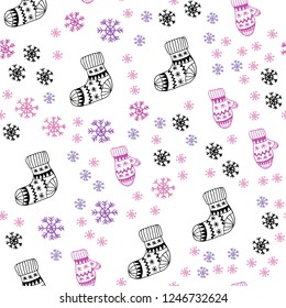Light Purple vector seamless background with xmas snowflakes, balls, socks, mittens. Colorful decorative design in xmas style. Design for wallpaper, fabric makers.