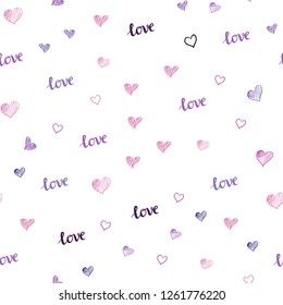 Light Purple vector seamless background with words of love, hearts. Colorful gradient phrase LOVE YOU, hearts in abstract style. Texture for window blinds, curtains.