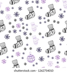 Light Purple vector seamless background with xmas snowflakes, balls, socks, mittens. Modern geometric abstract illustration. Design for textile, fabric, wallpapers.