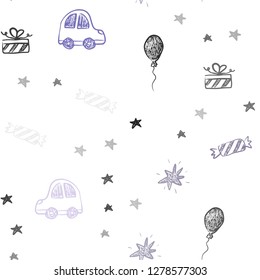 Light Purple vector seamless background in xmas style. Illustration with a gradient toy car, baloon, candy, star, ball. Template for new year postcards.