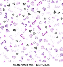 Light Purple vector seamless background with words of love, hearts. Design in doodle style with text LOVE YOU, hearts. Pattern for trendy fabric, wallpapers.