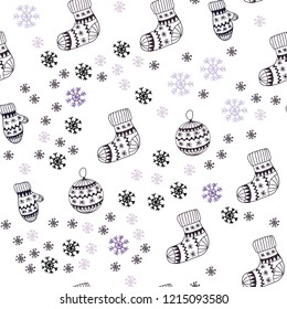 Light Purple vector seamless cover with beautiful snowflakes, balls, socks, mittens. Glitter abstract illustration with gradient. Pattern for trendy fabric, wallpapers.