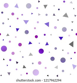 Light Purple vector seamless cover in polygonal style with circles. Illustration with set of colorful circles, triangles. Pattern for design of window blinds, curtains.