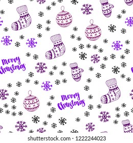 Light Purple vector seamless cover with beautiful snowflakes, balls, socks, mittens. Colorful illustration with xmas symbols. Design for textile, fabric, wallpapers.