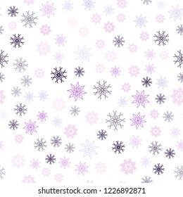 Light Purple vector seamless cover with beautiful snowflakes. Shining colored illustration with snow in christmas style. Pattern for trendy fabric, wallpapers.