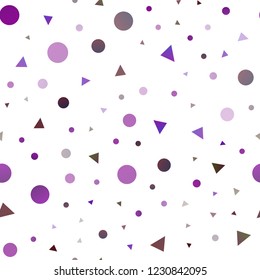 Light Purple vector seamless cover in polygonal style with circles. Illustration with set of colorful circles, triangles. Pattern for design of fabric, wallpapers.