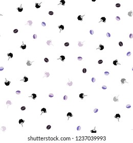 Light Purple vector seamless cover with set of coffee beans. Gradient illustration with set of mugs, beans. Pattern for ad, booklets, leaflets of restaurants.