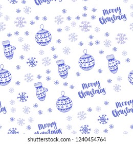 Light Purple vector seamless cover with beautiful snowflakes, balls, socks, mittens. Colorful xmas elements with gradient. Pattern for design of fabric, wallpapers.