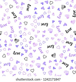 Light Purple vector seamless cover with quote LOVE YOU, hearts. Illustration with words of love, hearts in abstract style. Template for business cards, websites.