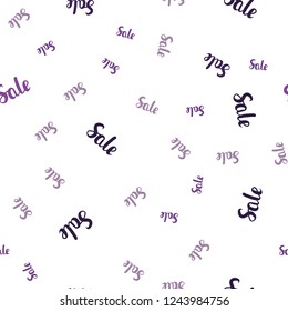 Light Purple vector seamless cover with symbols of sales. Colored words of sales with gradient on white background. Pattern for ads, posters, banners of sales.