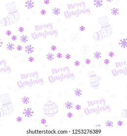 Light Purple vector seamless cover with beautiful snowflakes, balls, socks, mittens. Colorful decorative design in xmas style. Pattern for trendy fabric, wallpapers.