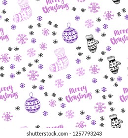 Light Purple vector seamless cover with beautiful snowflakes, balls, socks, mittens. Colorful illustration with xmas symbols. Texture for window blinds, curtains.
